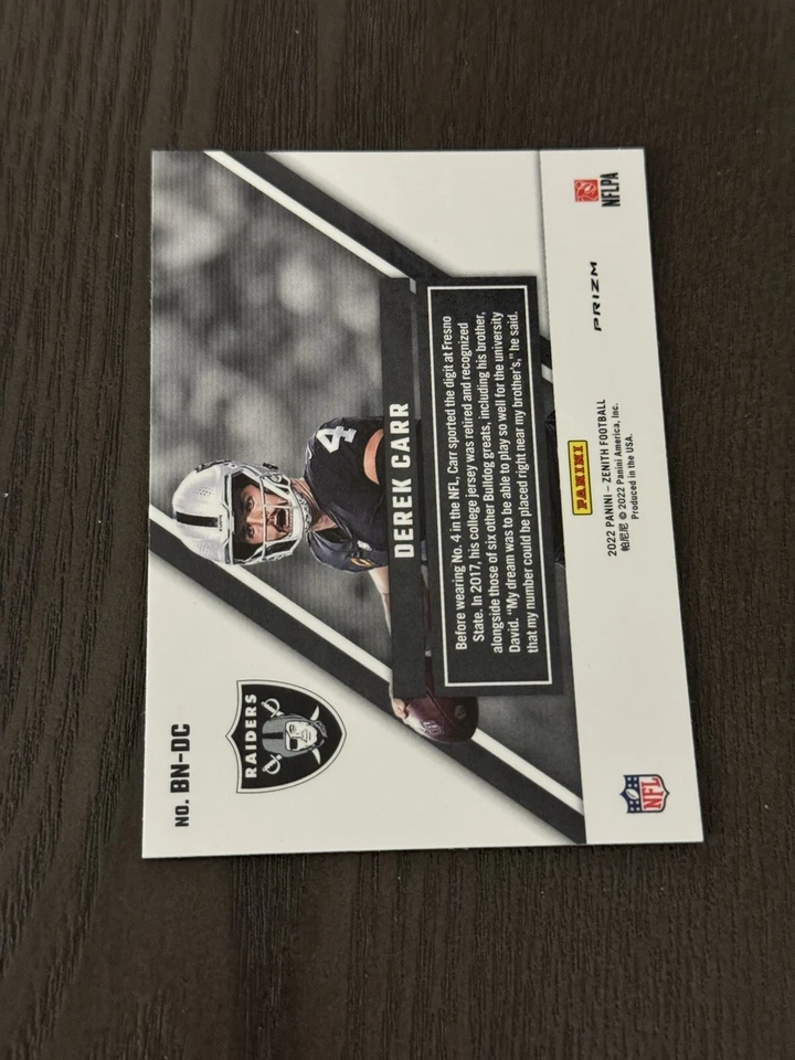 2022 Panini Zenith Behind the Numbers Red Prizm Parallel Insert BN-DC DEREK CARR - Image 2 of 2