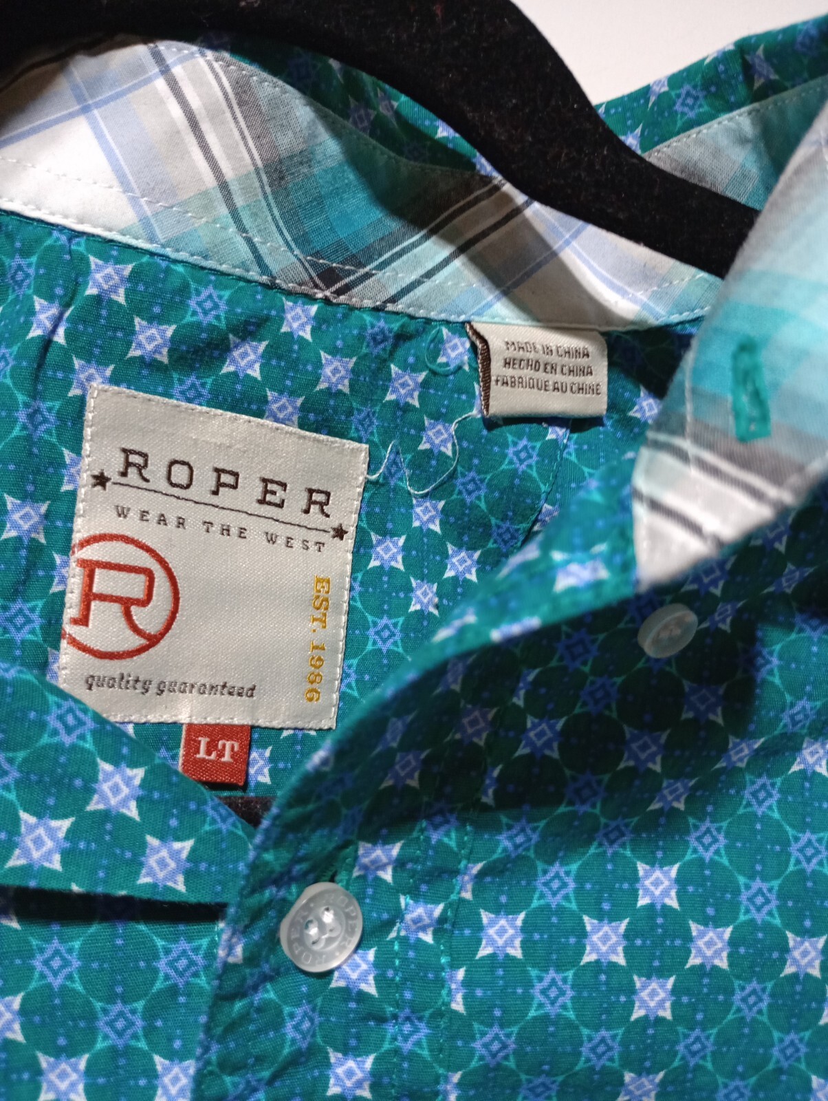Roper Mens Button Up Shirt Large Tall Blue Geometric Western Rodeo Cowboy