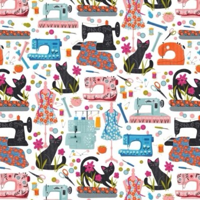 Fat Quarter Nutex Purrfect Stitches Crafty Katzen Nähbegriff 100% Baumwollstoff