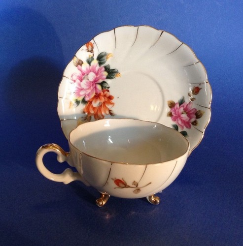Ucagco Footed Teacup And Saucer - Pink Mums And Gold Accents - Vintage - Japan - Picture 4 of 11