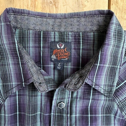 Moon Shine by Brad Paisley Western Shirt  L Purple Blue Plaid Snaps - Picture 4 of 7