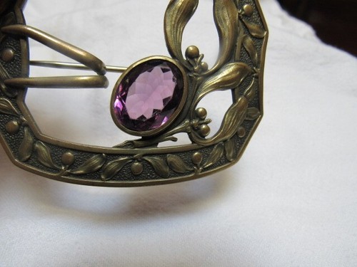Antique E A Bliss 2-3/4" Buckle Pin Amethyst Color Stone -Green Gold Color Metal - Picture 6 of 11