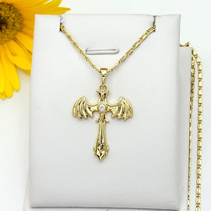 Authentic 14K Gold Plated Cross with Wings Heart Angel Pendant & 18in chain Jewelry
