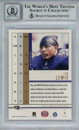 Ray Lewis Signed 2001 Pacific Dynagon #8 Trading Card Beckett 10 Slab 35254 - Picture 2 of 2