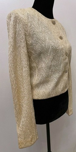 Vintage Cache Womens Evening Jacket Size 12 Ivory Gold Metallic Textured Knit - Picture 6 of 12