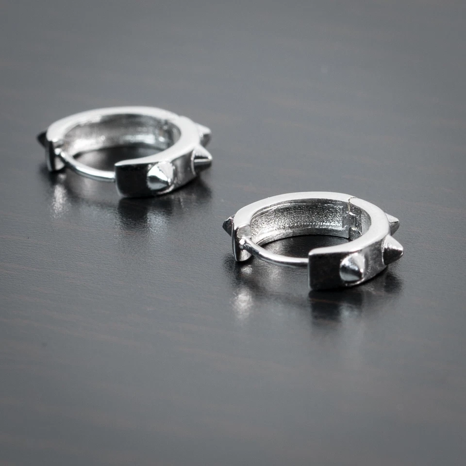 Solid 925 Sterling Silver Mens Small Punk Style Spike Thorn Huggie Hoop Earrings - Image 3 of 4