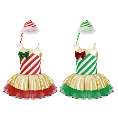 Kids Girls Dress Adjustable Shoulder Christmas Role-Play Costume Mesh Set Hat