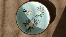 Bird and fruit tree. Round Metal Trinket Dish Marked China 3.75"