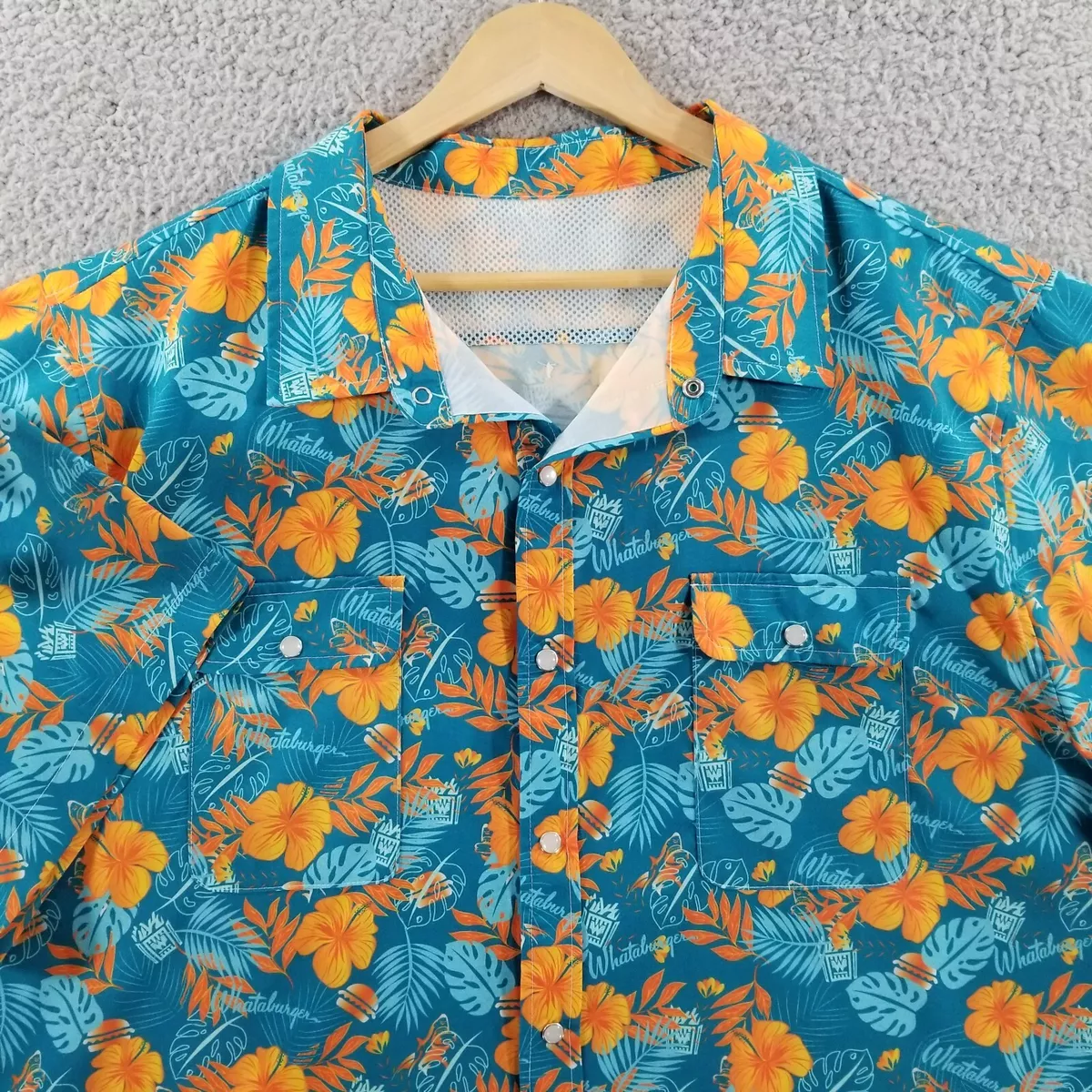 Whataburger Pearl Snap Shirt Mens 3XL Blue Floral Hawaiian Tiki Fishing  Vented