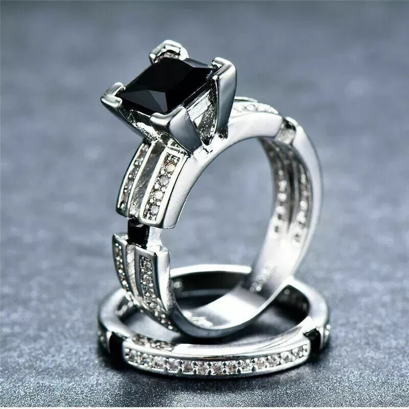 Bridal Wedding Lab Created Black Diamond Rings 3Ct Princess Cut