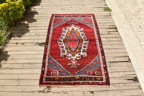 Turkish Rug 3x5 Size Handmade Oriental Carpet 105x170cm Natural Wool Vintage Red - Picture 2 of 11