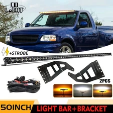 50" White Amber Strobe LED Light Bar Roof Bracket Kits Fit 97-03 Ford F150 Truck