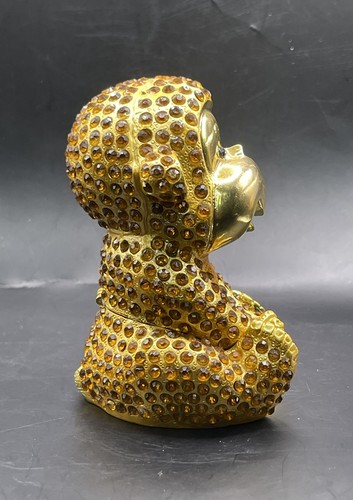 Metal Enamel Amber Rhinestone Bejeweled Golden Monkey Trinket Box *Flaw* - Picture 4 of 10