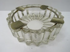 Vintage 6.5" Cigar Ashtray Heavy Cut Glass Crystal Metal Goldtone Holders GUC