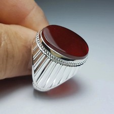Natural Blood Red Yemeni Aqeeq, 925 Sterling Silver Handmade Agate Ring For Men