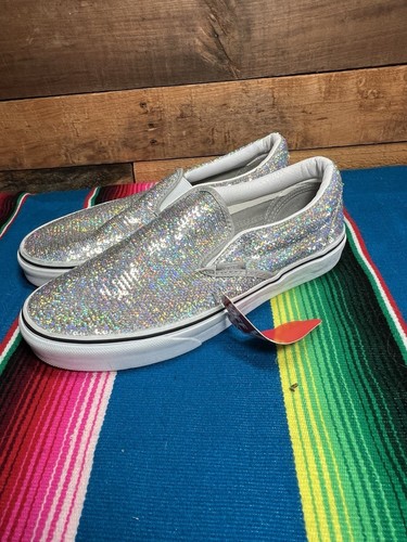 New Womens Vans Classic Slip On Micro Sequins Silver White Shoe Trainer Size 7.5 - Picture 3 of 6