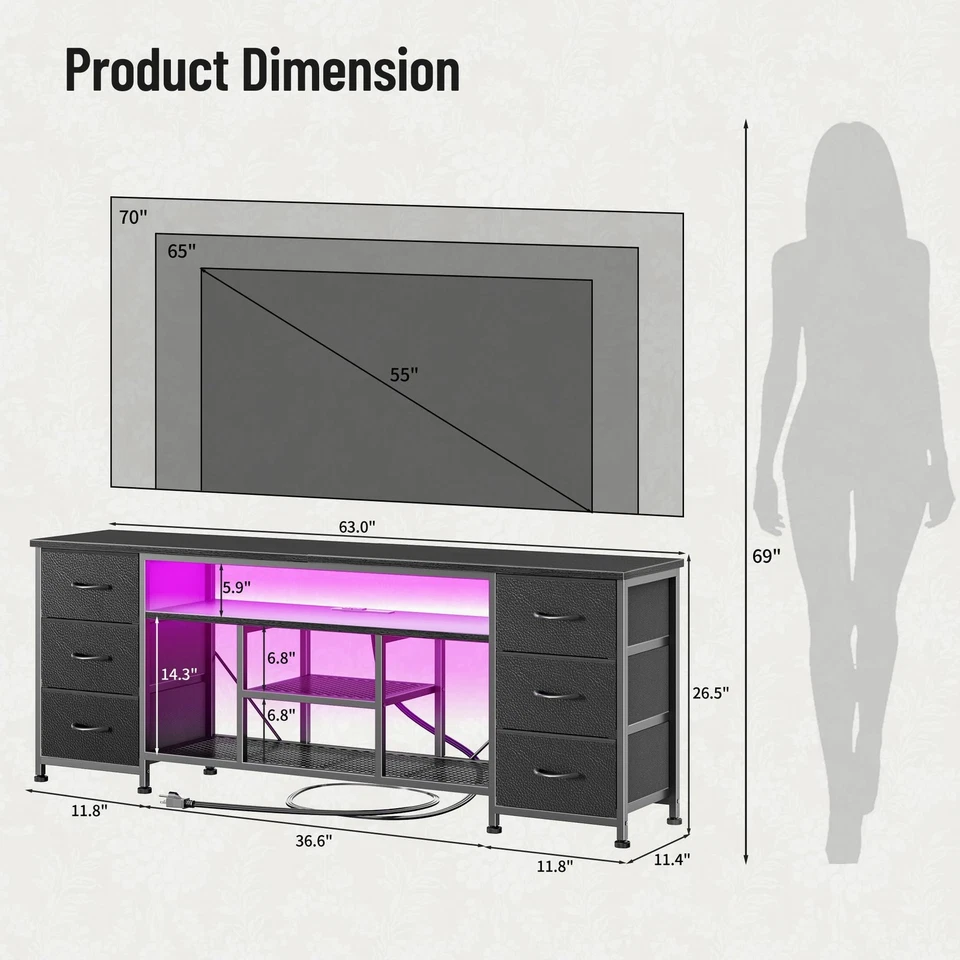 Suporte de TV LED para TV 65, 70 polegadas, centro de entretenimento 63 polegadas com tomada de energia... - Imagem 2 de 4