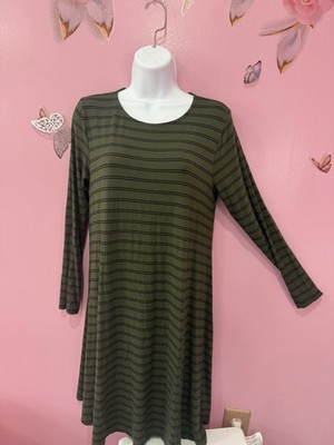 Old Navy Women's Green Black Striped Knit Swing Dress Long Sleeve Medium