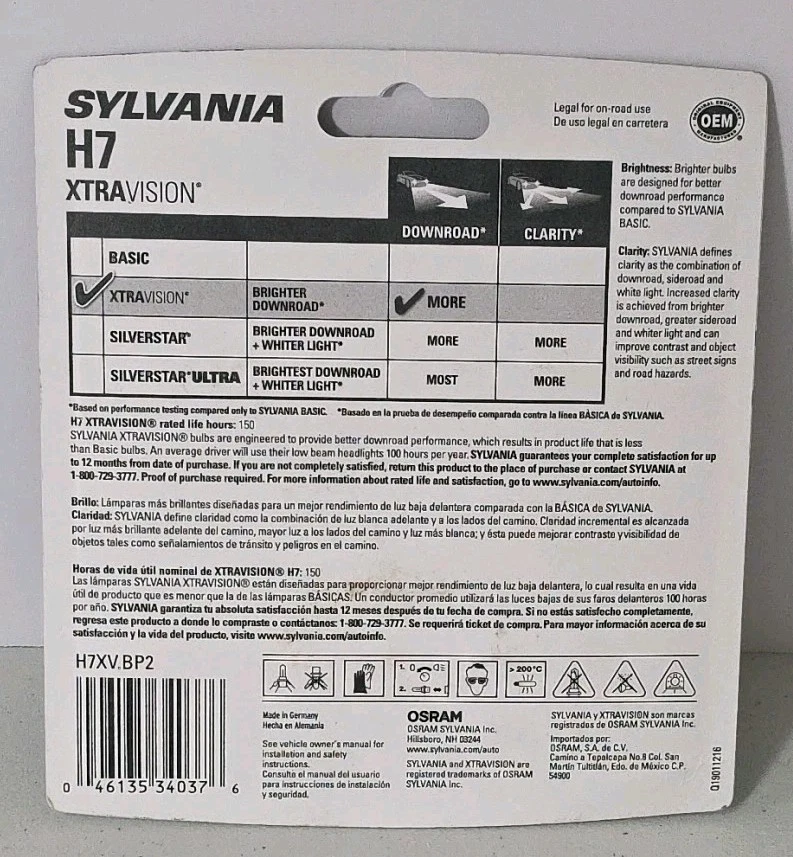 SYLVANIA - H7 XtraVision - Faro halógeno de alto rendimiento (contiene 2 bombillas) Foto 3 de 4
