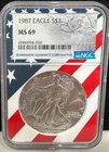 1987 $1 AMERICAN SILVER EAGLE NGC MS69 USA FLAG CORE HOLDER