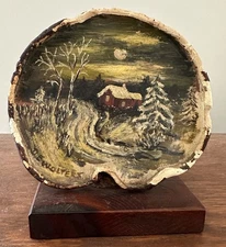 VTG D.E. Wolters Primitive Folk Art Painting On Mushroom  Cabin On Winter Night