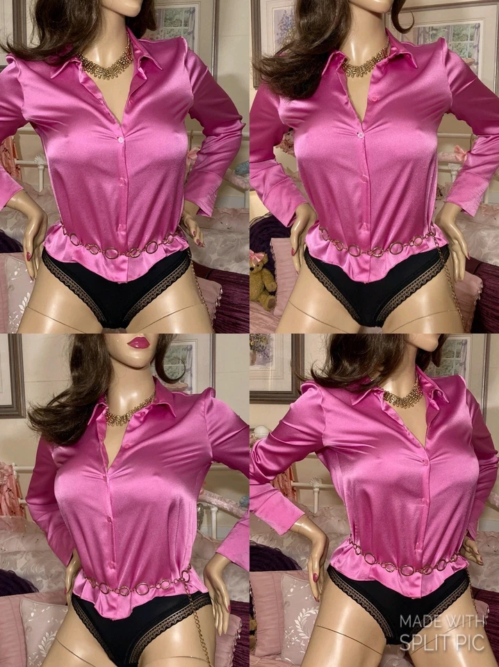 HIGH GLOSS MIRROR SHINE LIQUID SATIN Sexy Secretary Mistress Governess Blouse - Image 3 of 4