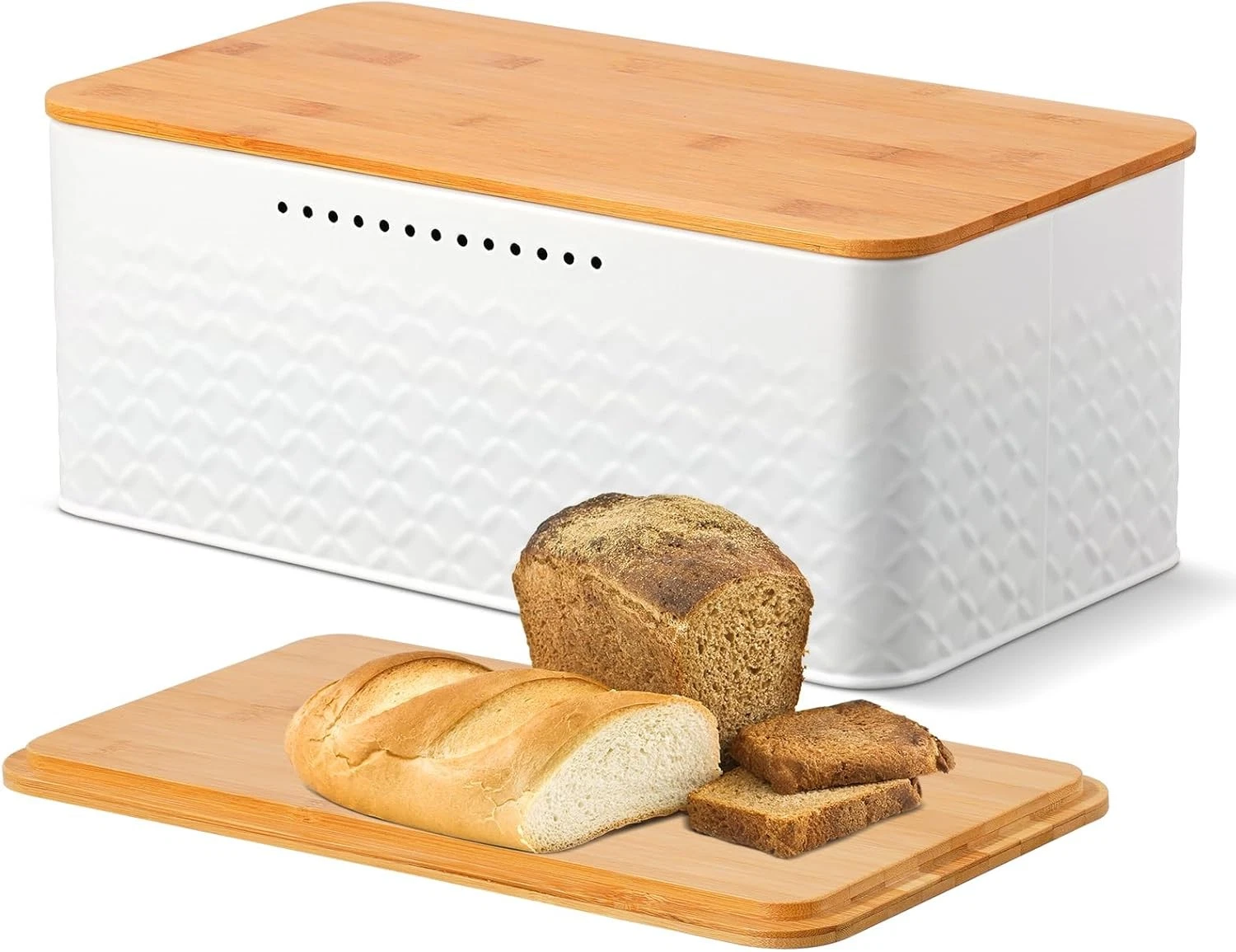 Bread Box Metal Bread Storage Container W/ Bamboo Lid Usable as Cutting Board
