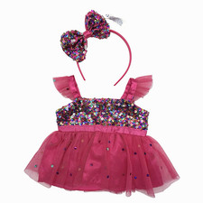 Build a Bear Pink Multicolor Sequin Strap Tulle Teddy Ruffle Dress Headband Set