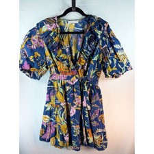 House of Harlow 1960 Blue Floral Cotton Ruffle Wrap Mini Dress Womens Medium