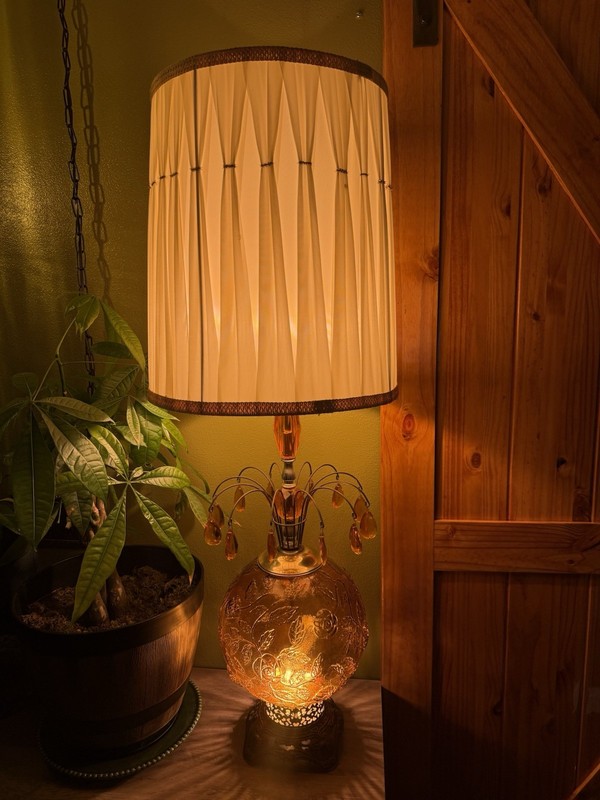 Rare 1970s MCM EF&EF Industries Waterfall Amber 3 Way Table Lamps-org. Shades-