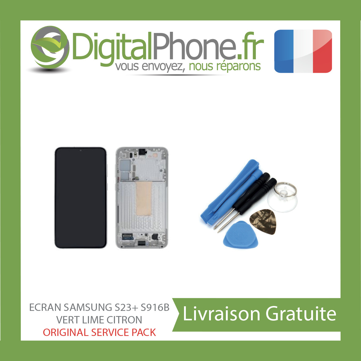 Écran LCD original Samsung S23+ vert citron lime de remplacement pour châssis S916B