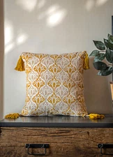 Decorative Throw Pillow Block Print Yellow Bohemian Cushion cover 18x18 in 1 Pc