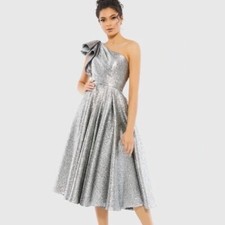 Mac Duggal NEW One Shoulder Bow Tea Midi Dress Silver Size 2 Style#67906