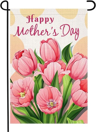 Happy Mother’S Day Garden Flag 12X18 Inch Burlap Double Sided Pink Tulip Floral