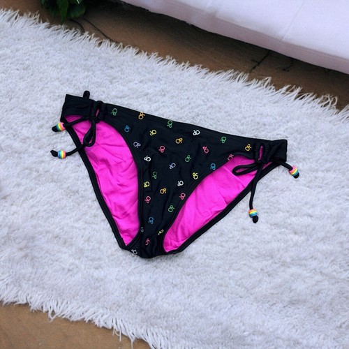 OP Bikini Bottom Swimsuit Womens Size S Black w Side Ties Hipster Logo Beaded