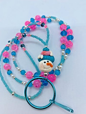 NEW Handmade MELTING SNOWMAN Pink Blue Beaded Lanyard 37"