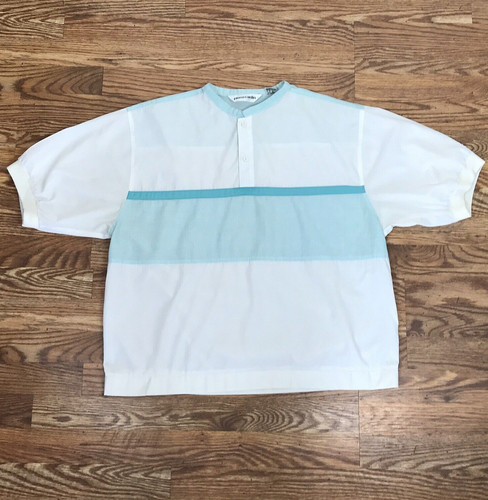 Pierre Cardin, VTG Pierre Cardin Shirt Mens XXL White Teal Short Sleeve Mandarin Collar 70-80s