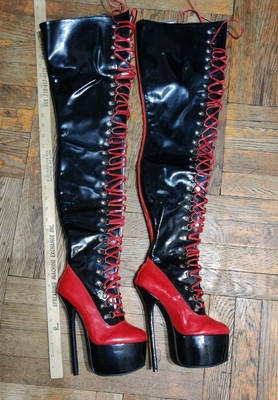 red pvc knee high boots