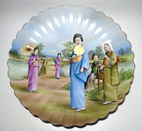 Antique Japanese Nikko Fluted Charger, Hand Painted Geisha & Landscape, Fuji
