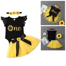 3PCS Baby Girl 1st Birthday Outfits Party Flowers Romper Tutu Tulle Dress Set