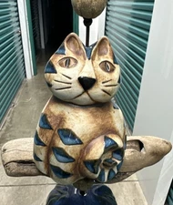 Hazel Olsen Vintage Cat Wind Chime Pottery Driftwood Signed 1989 Folk Art VGC