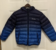 Eddie Bauer Boys Down Puffer Jacket Size 7-8 Blue Reversible Hooded Full Zip