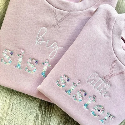 STITCHU Embroidered Floral Big & Little Sister Girls Sweatshirts Pink Matching Siblings