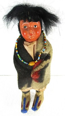 SKOOGUMS 6 1/2'' INDIAN DOLL, ORIG LABELS OLDE CURIOSITY SHOP SEATTLE WA