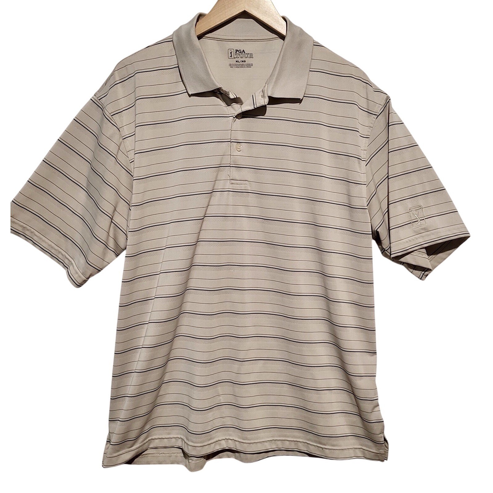 PGA Tour Polo Shirt Mens Size XL Beige Striped Short Sleeve Golf Casual