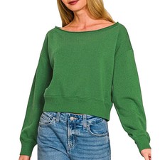 Zenana Cropped Sweatshirt Fleece Green Long Sleeve Boat Neck Casual Pullover Top