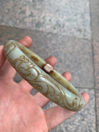 Large Chinese Natural HeTian Old Jade Hand Carved *Dragon/Phoenix* Arm Bracelet