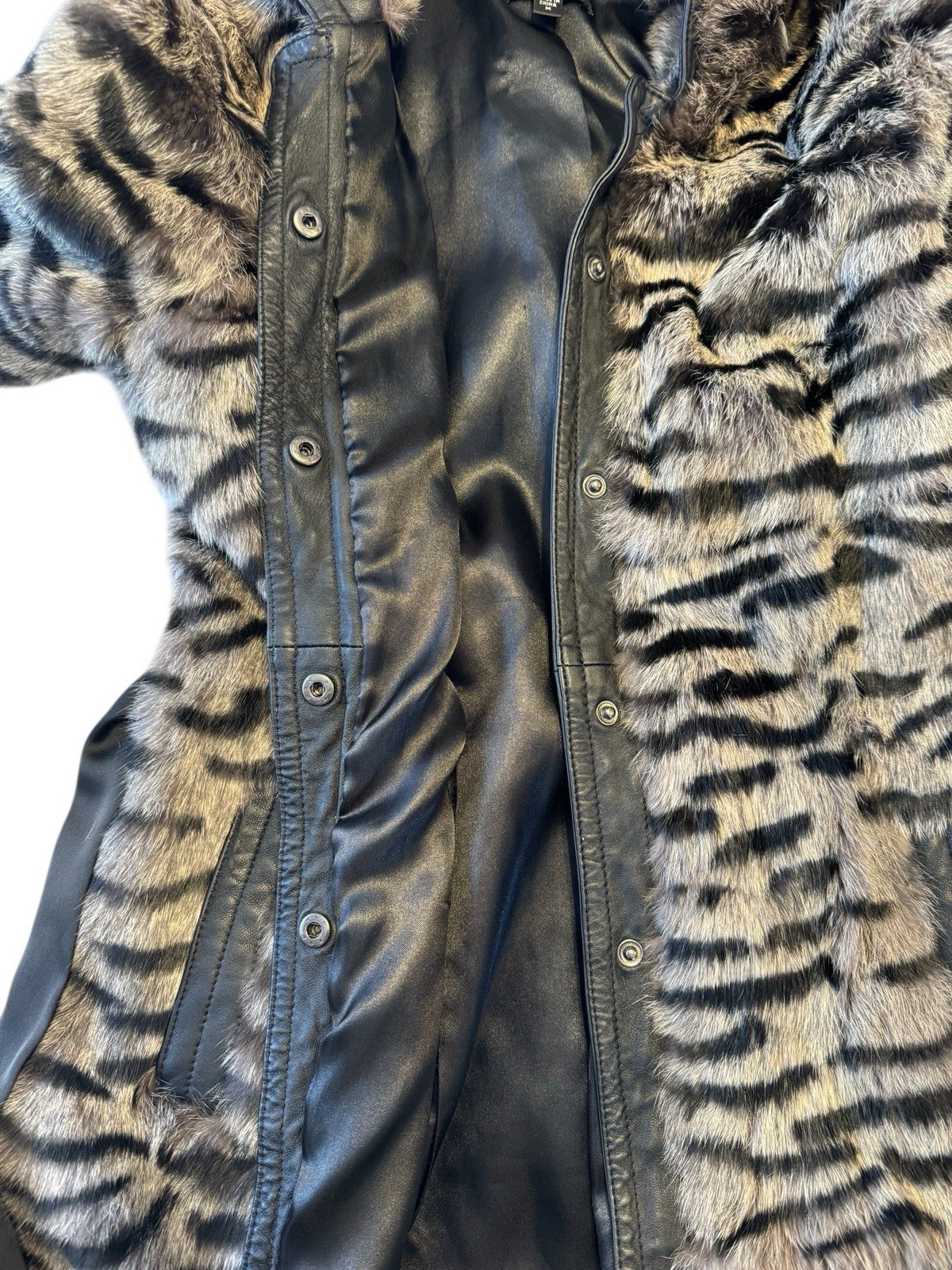 Vintage Bebe Dyed Rabbit Fur Coat Medium Tiger Stripe Print Leather Trim Belted
