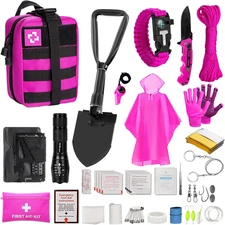Pink Survival Kits with First Aid Kit, Hiking Camping Gear and Equipment for Wom