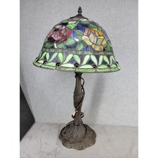 Tiffany Style Stained Glass Table Lamp Floral Rose Design Bronze Base 26.5 Inch